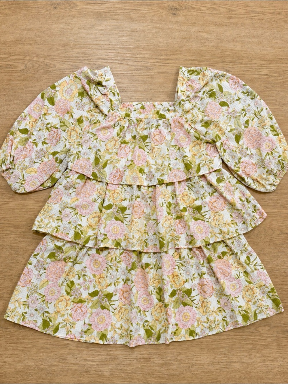 Who What Wear Floral Tiered Dress in Pink & Green